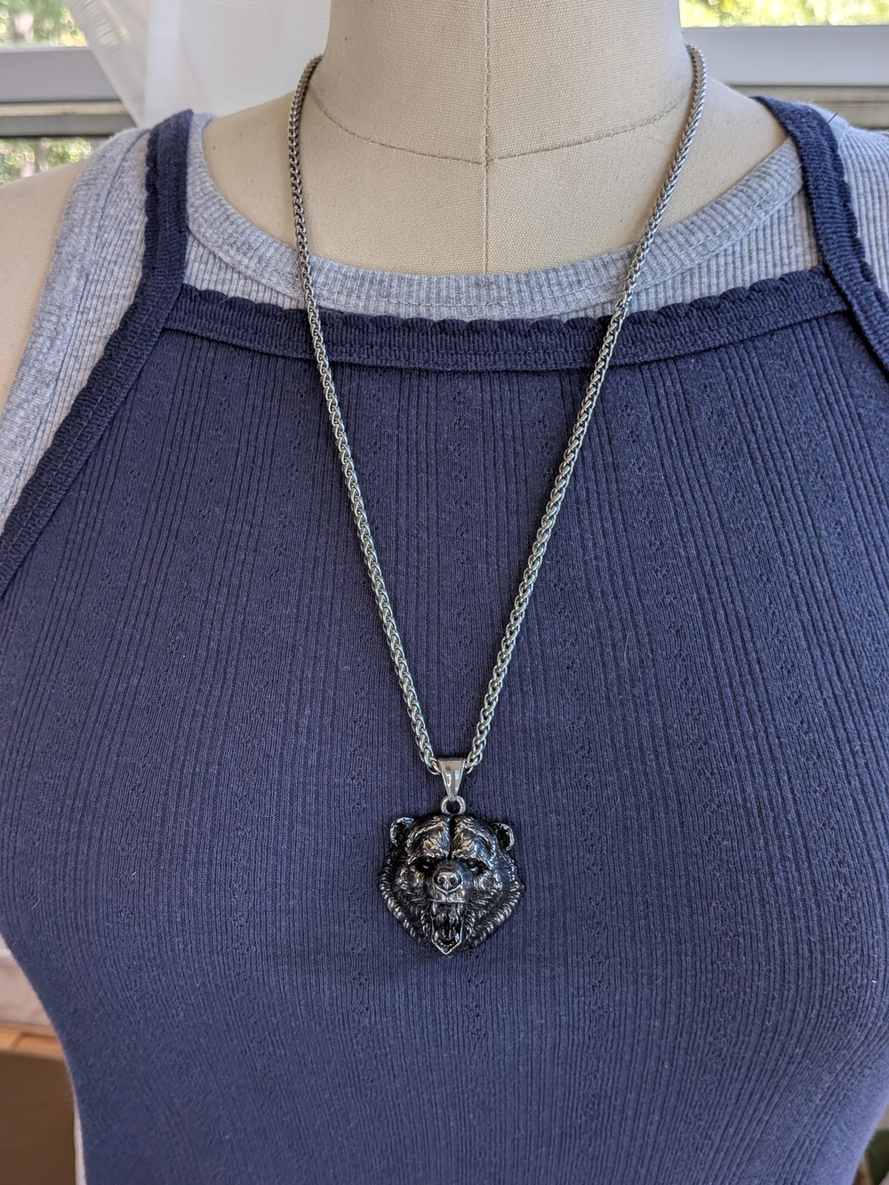 316L Stainless Steel Roaring Bear Head Pendant Necklace Wheat Chain Biker Viking